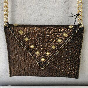 JJ Winters Crossbody Bag Womens Metallic Bronze Studded Envelope Chain Zip Trim